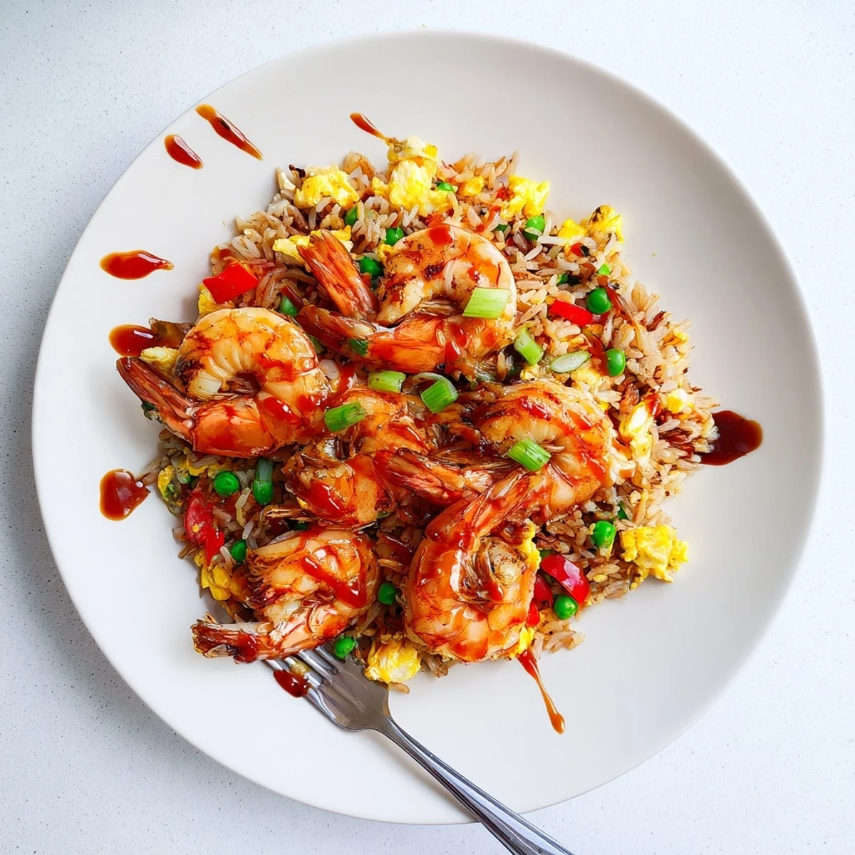 Golden garlic prawns served over fragrant sweet chilli fried rice with colorful vegetables