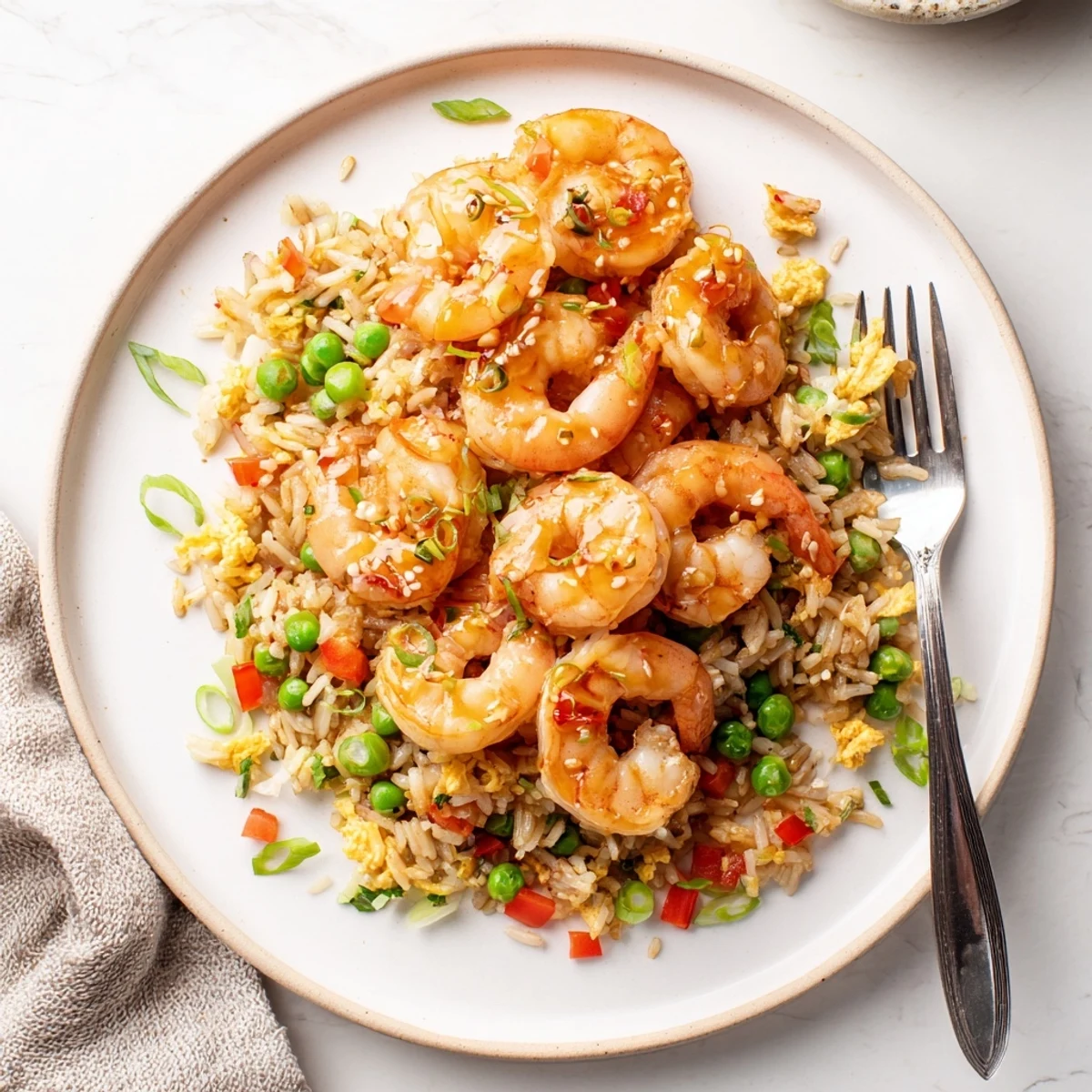 Steaming bowl of sweet chilli fried rice topped with succulent garlic butter prawns and spring onions