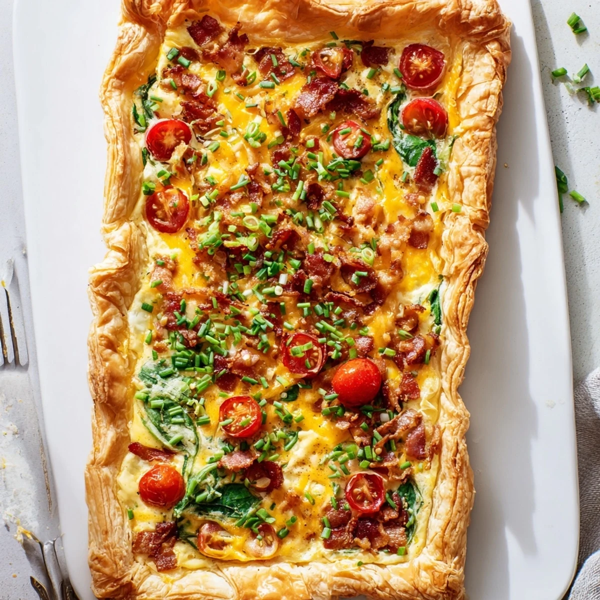 Golden family breakfast tart with flaky pastry crust, eggs, bacon, and colorful fresh vegetables.