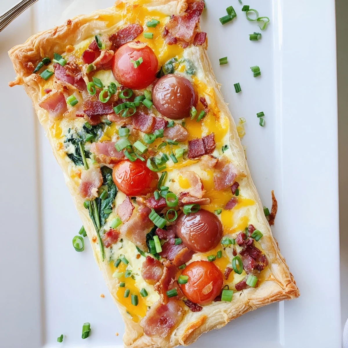 Savory breakfast tart featuring creamy egg filling, crispy bacon, and vibrant cherry tomato toppings.