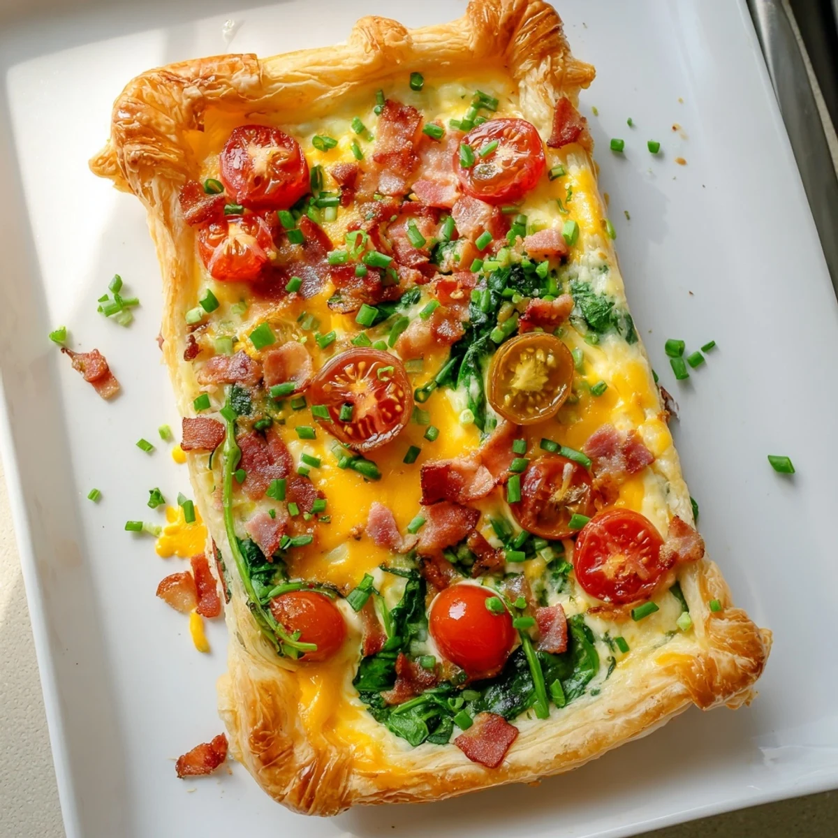 Flaky pastry breakfast tart topped with eggs, cheddar cheese, bacon, and fresh green garnish.
