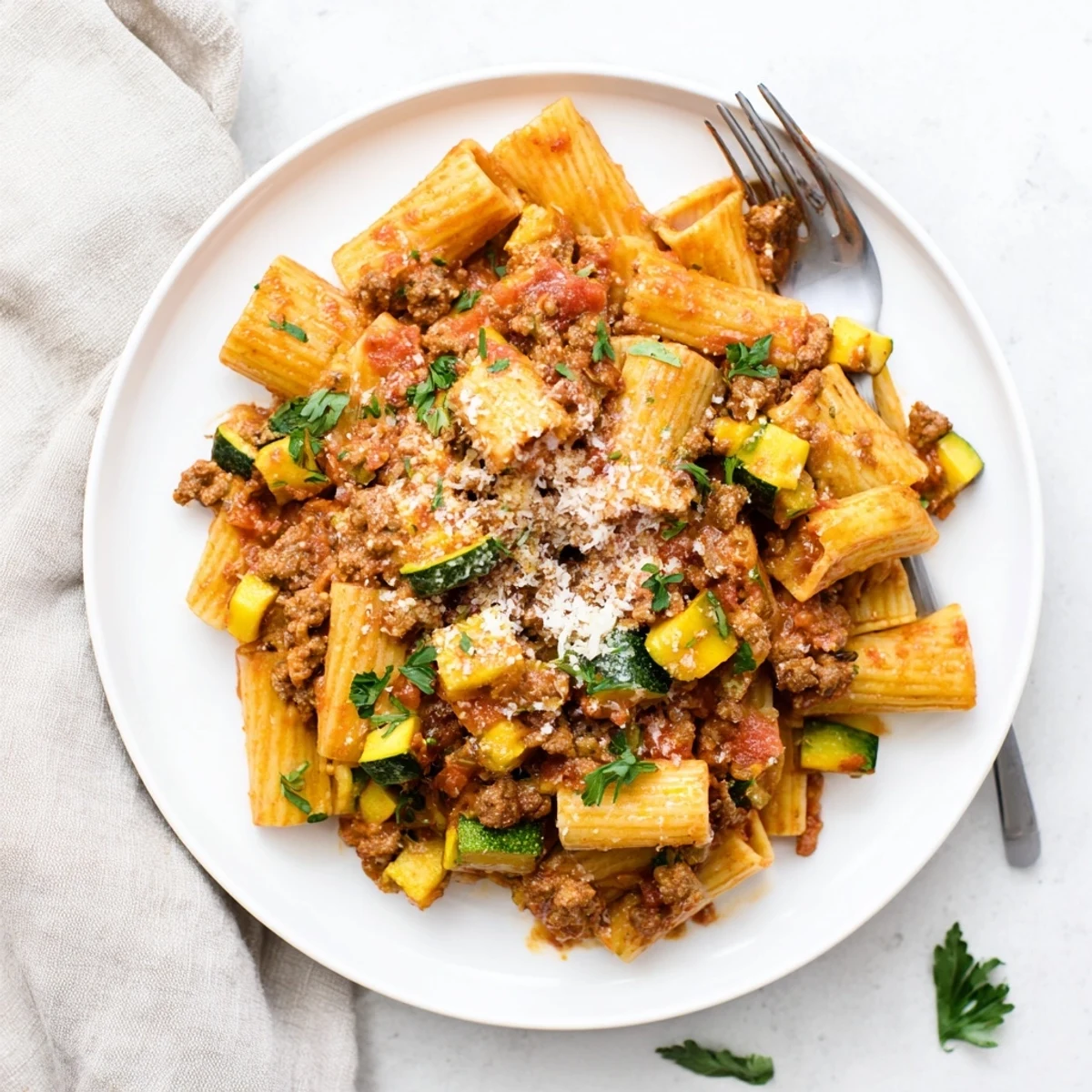 Steaming one pot sausage pasta with tender penne in rich tomato cream sauce garnished with fresh green basil
