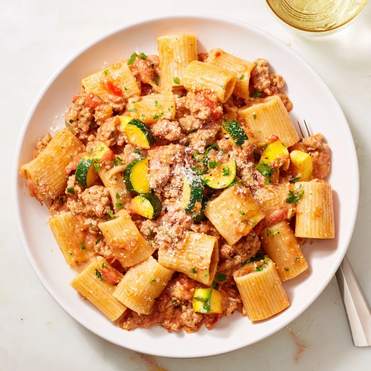 Creamy one pot sausage pasta dish plated with penne pasta vegetables and herbs in a deep skillet