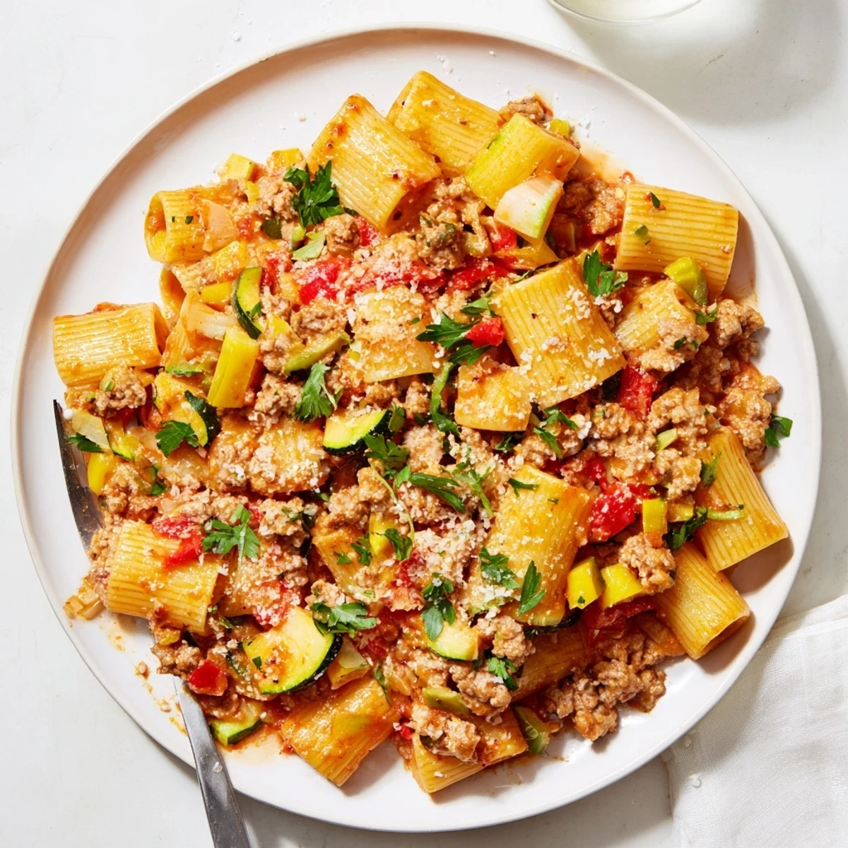 Rustic Italian-American one pot sausage pasta featuring crumbled savory sausage zucchini bell peppers and melted Parmesan cheese