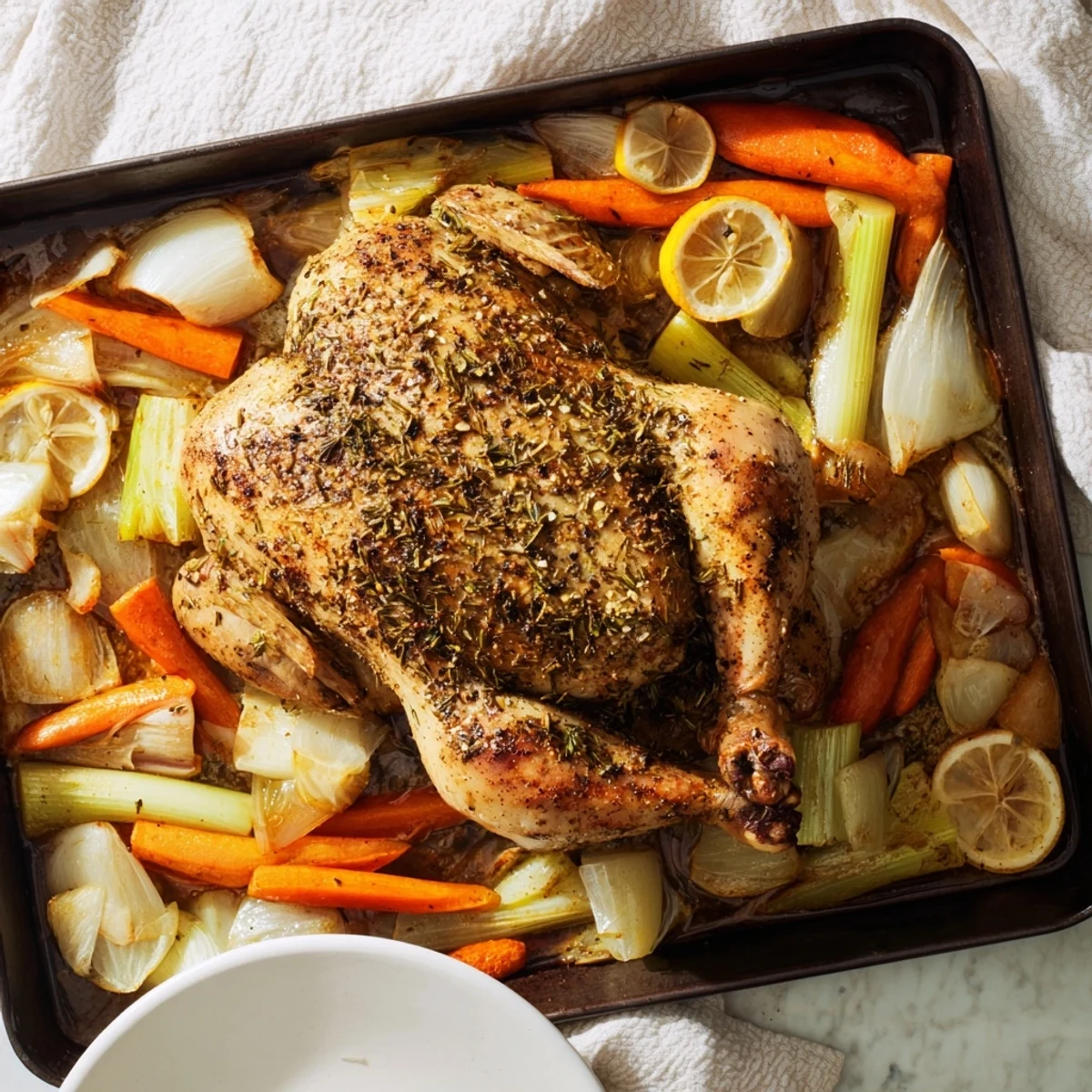 Golden roast garlic and lemon chicken with crispy herb-seasoned skin on a platter