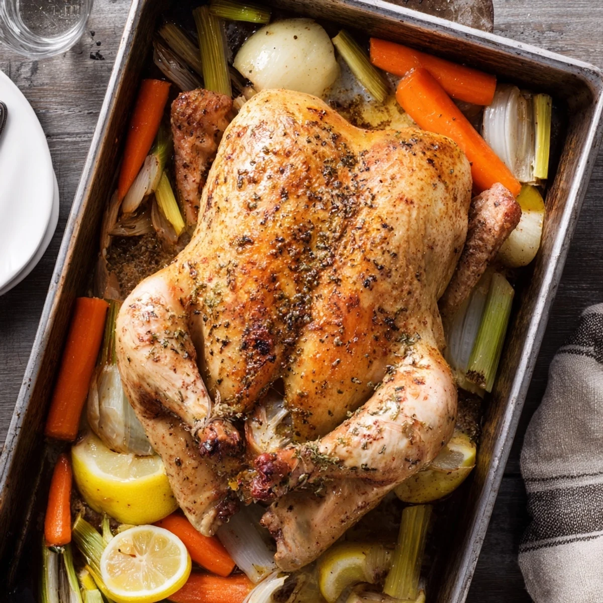 Whole roasted chicken with garlic and lemon resting beside roasted carrots and onions
