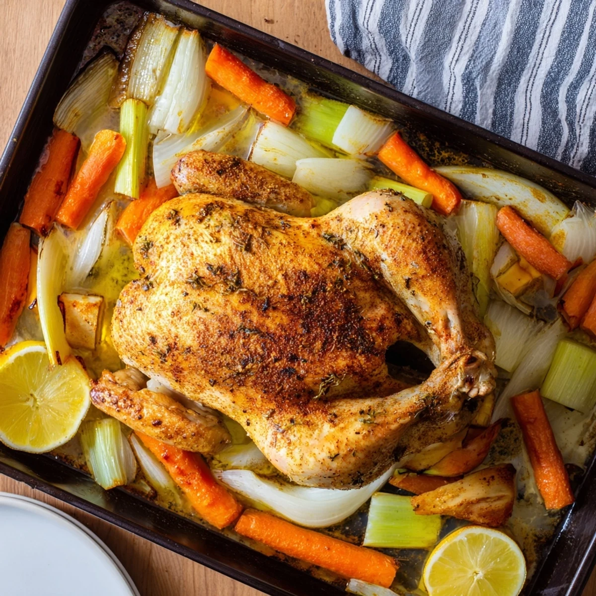 Mediterranean-style roast garlic and lemon chicken served with tender vegetables and pan juices