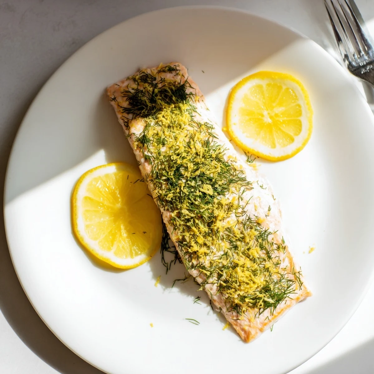 Golden brown dill and lemon baked salmon fillet garnished with fresh herbs and lemon slices