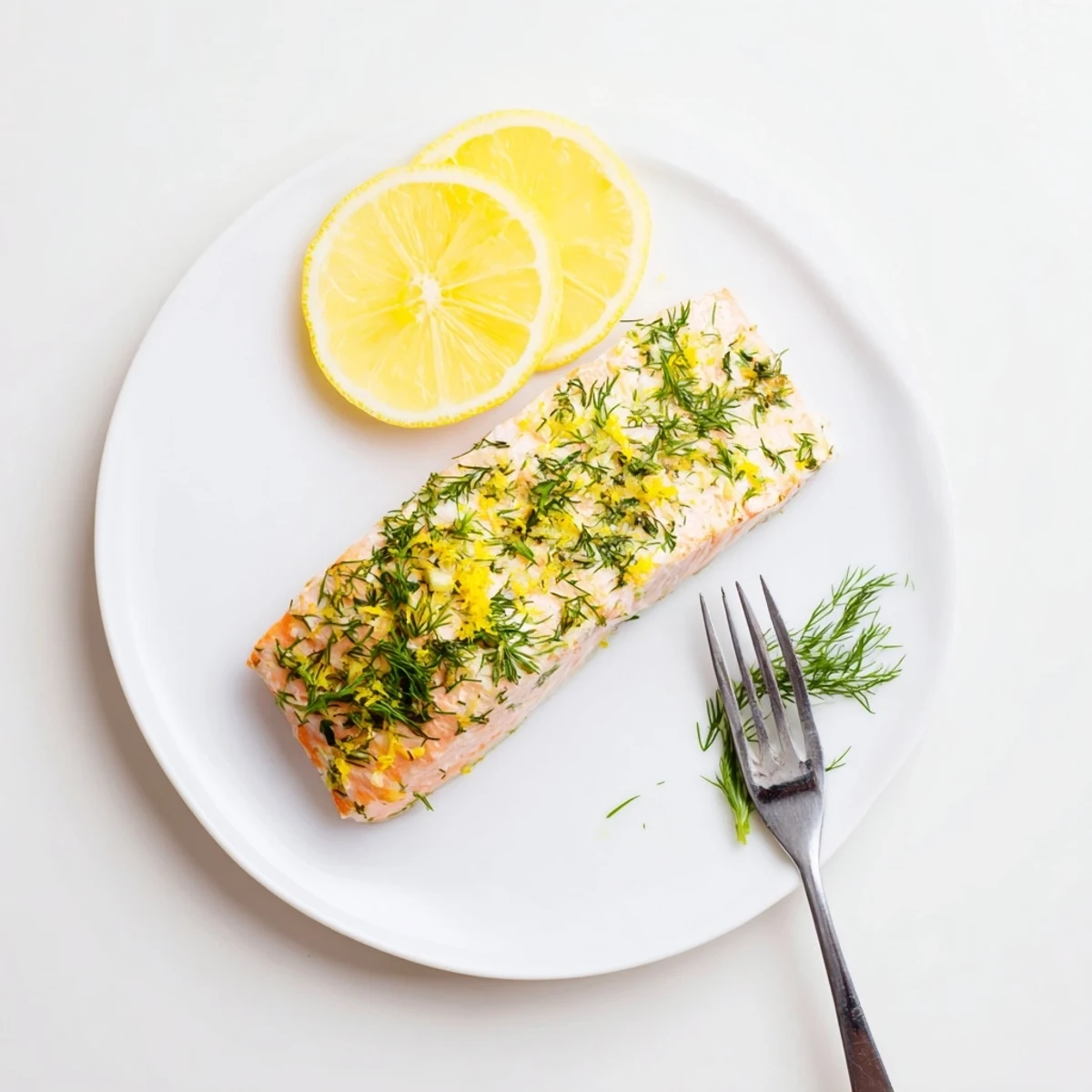 Flaky pink salmon baked with aromatic dill and zesty lemon on a white serving plate