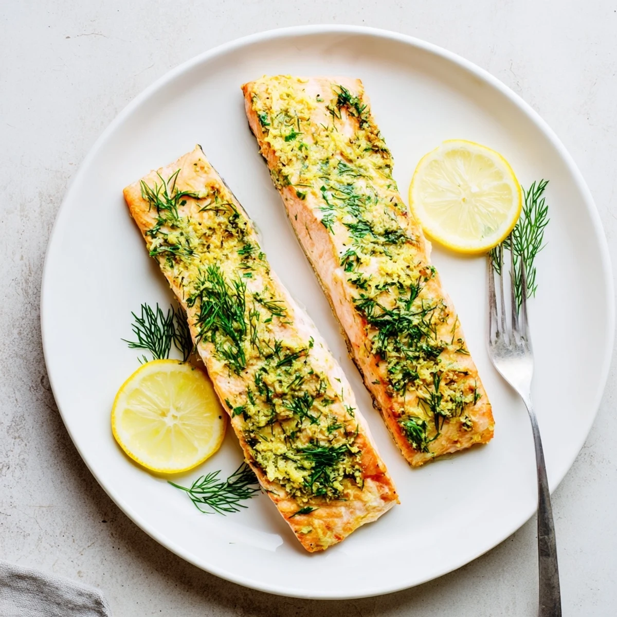 Perfectly cooked dill and lemon baked salmon topped with bright lemon wheels and green dill sprigs