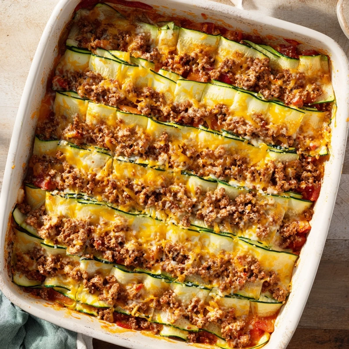 Golden bubbly cheesy beef zucchini casserole fresh from the oven with melted cheese topping
