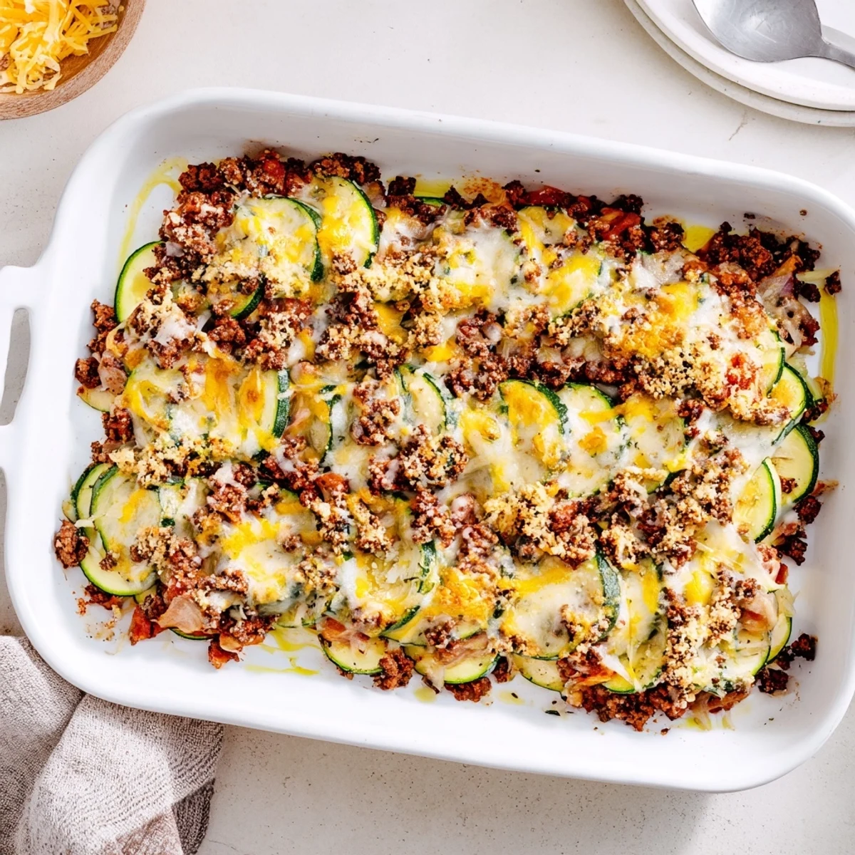 Hearty ground beef and fresh zucchini layers baked with sharp cheddar and crispy breadcrumb topping