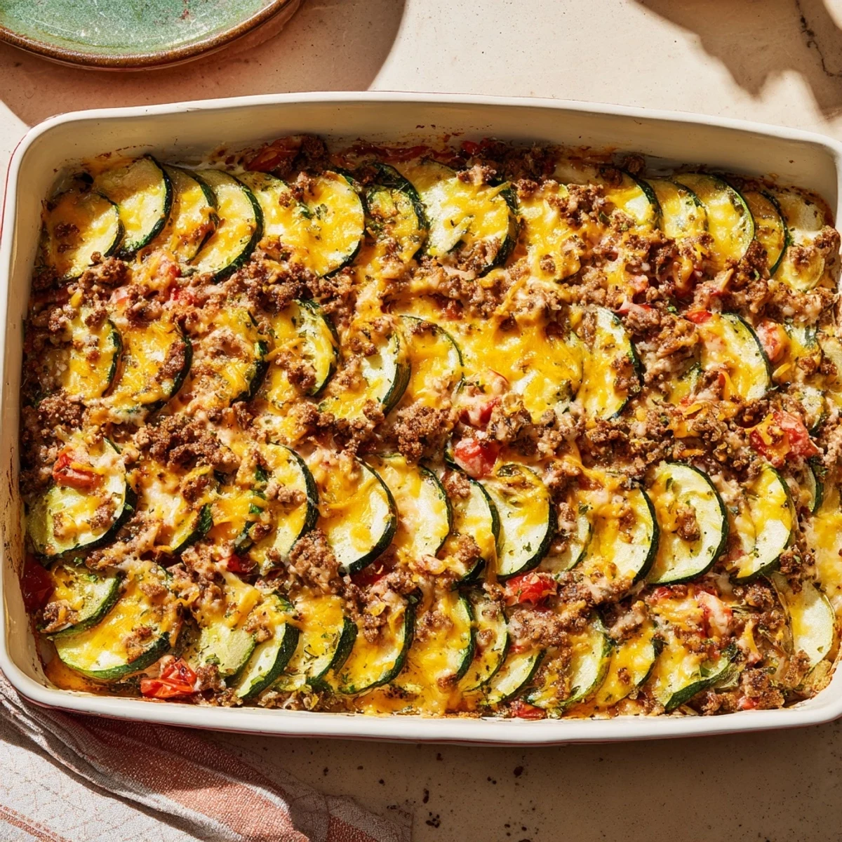 Comforting cheesy beef zucchini casserole served steaming hot with golden parmesan crust on top
