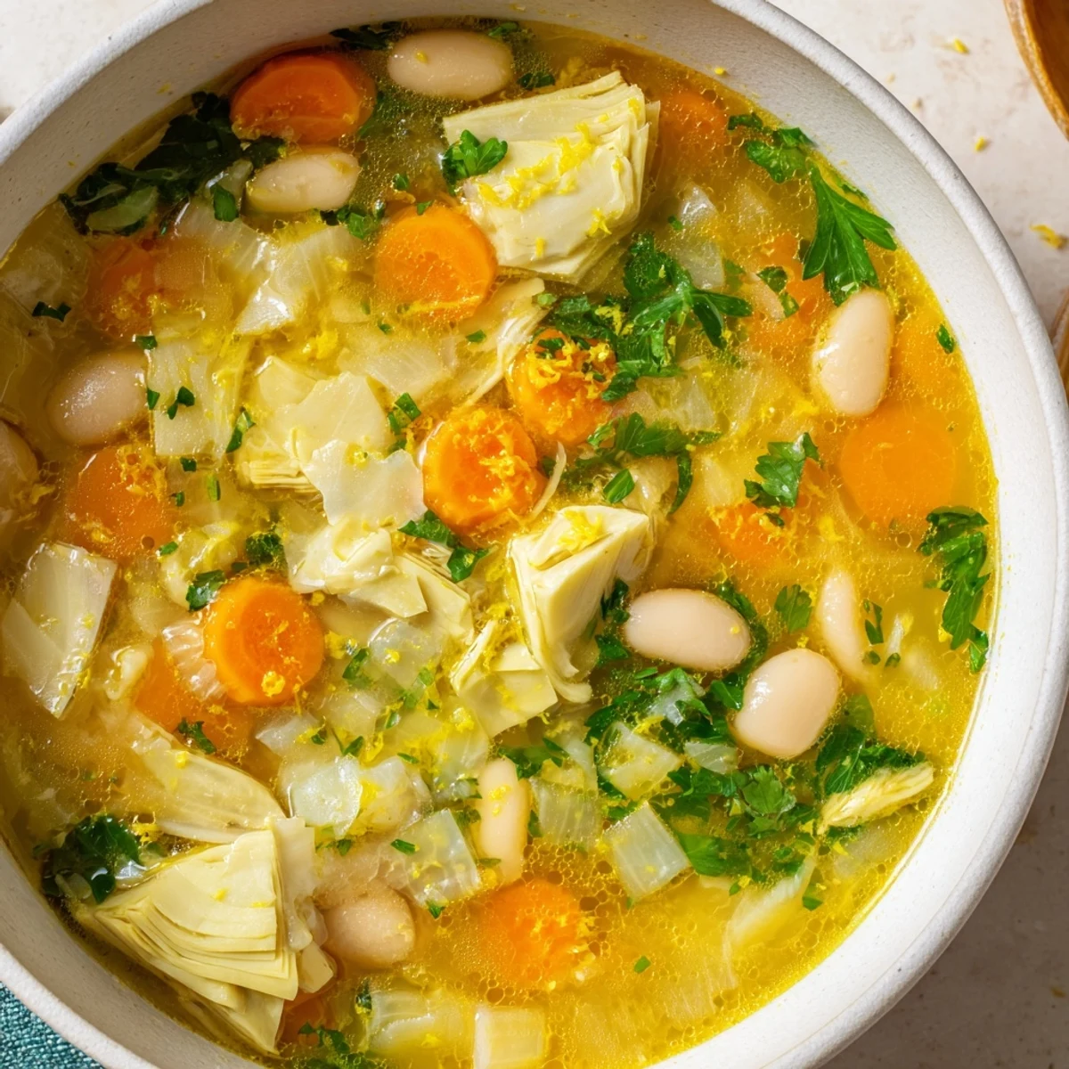Creamy lemony Tuscan artichoke soup garnished with fresh parsley and lemon wedges in a white bowl