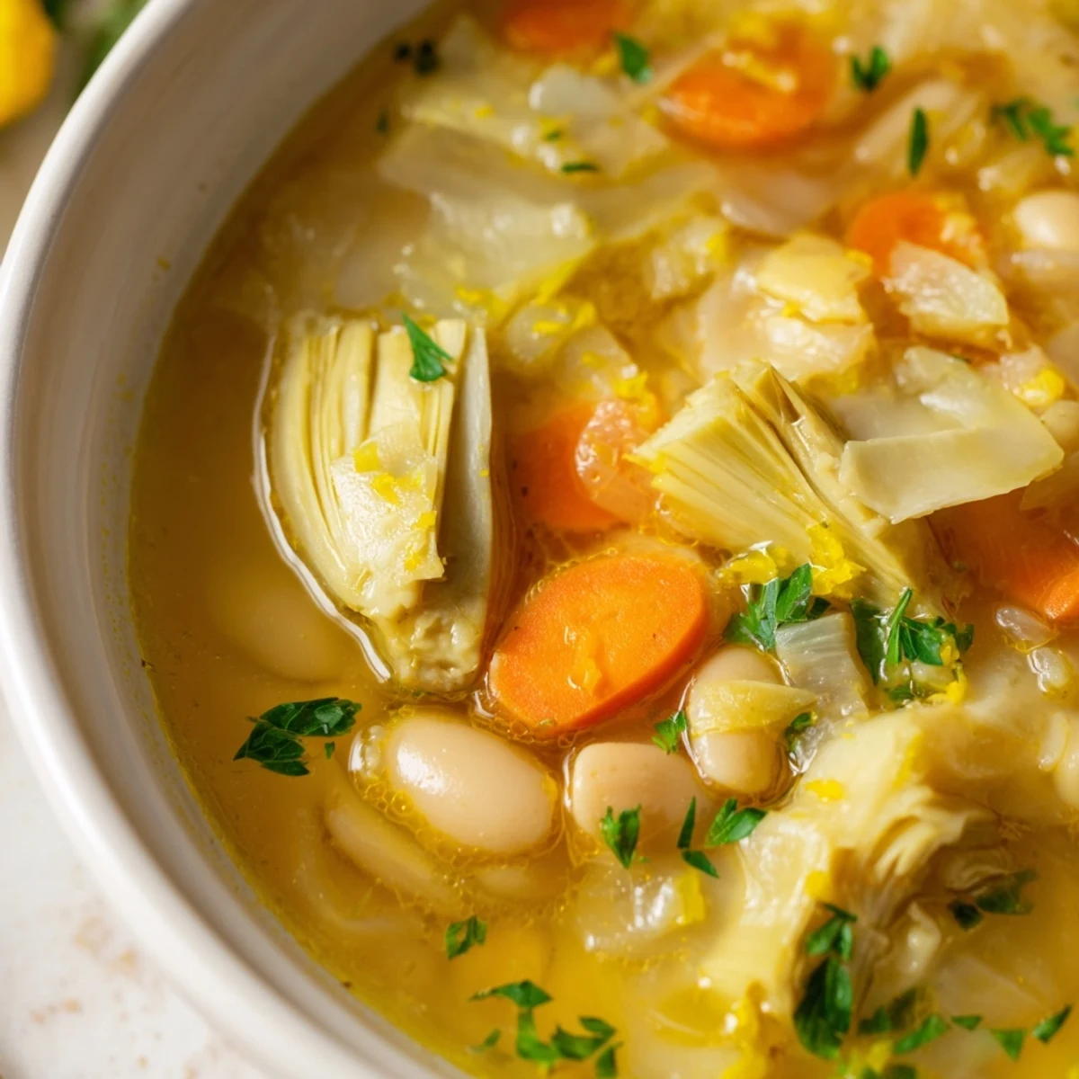 Rustic bowl of Tuscan artichoke soup featuring tender artichokes, white beans, and vibrant green herbs