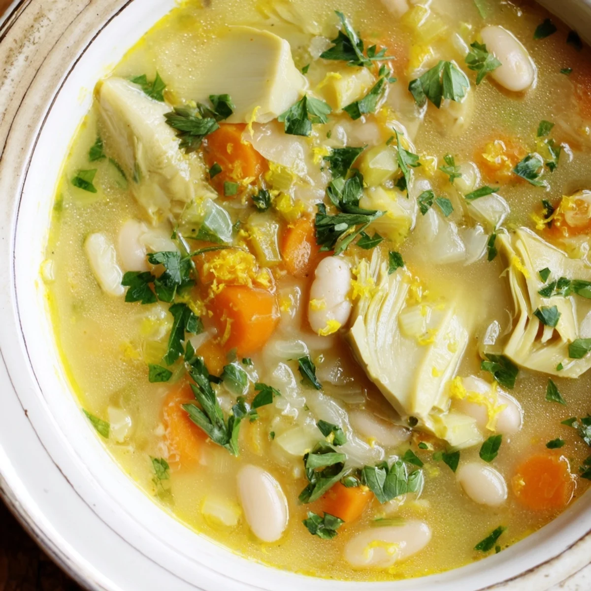 Steamy lemony Tuscan artichoke soup with chunky vegetables and beans served with crusty bread