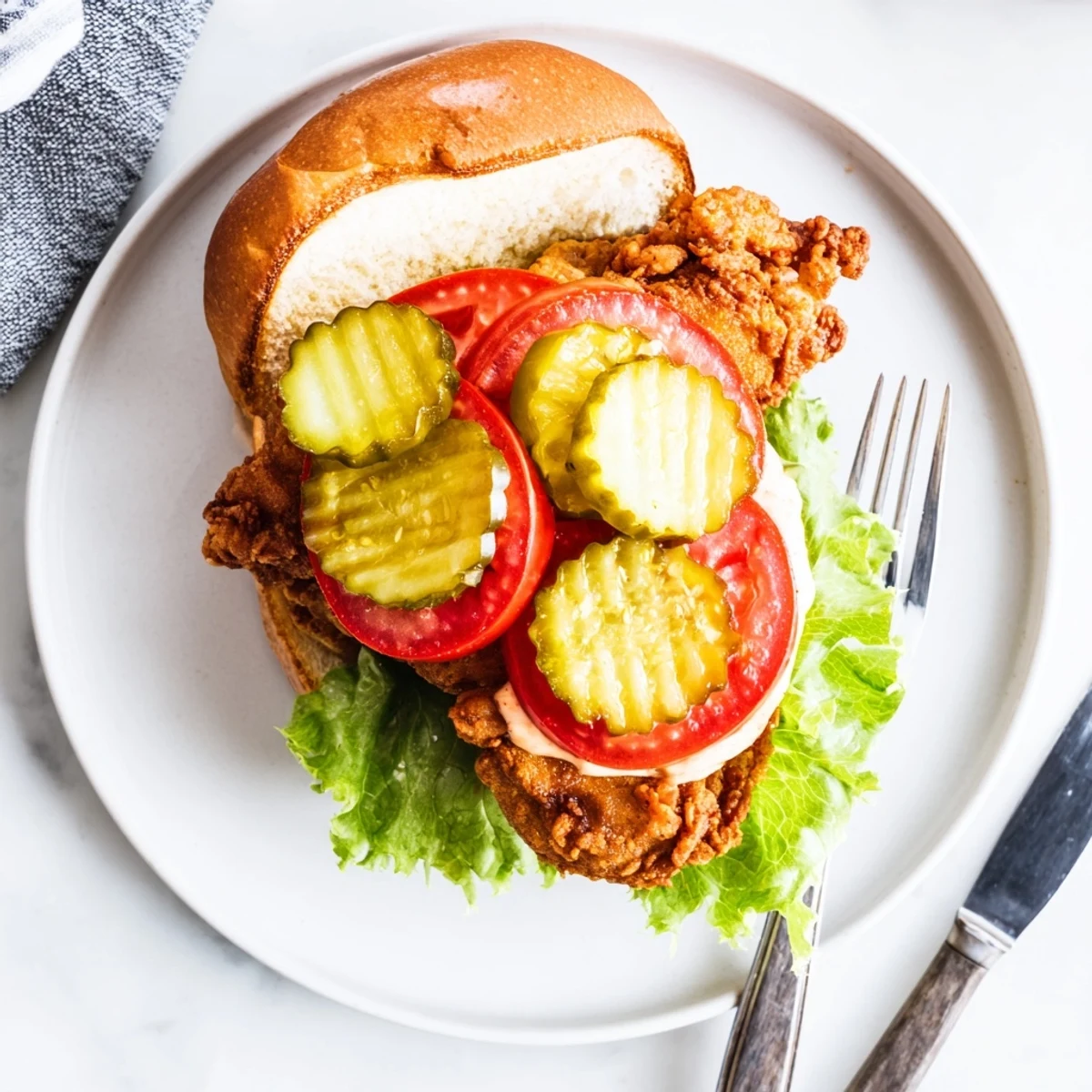 Golden ultra crunchy fried chicken burger stacked with fresh lettuce tomato and pickles on toasted brioche bun