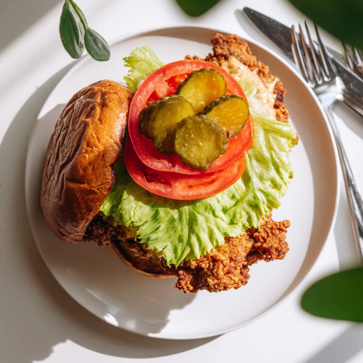 Crispy fried chicken fillet with spiced cornstarch coating served in soft potato bun with tangy mayo sauce