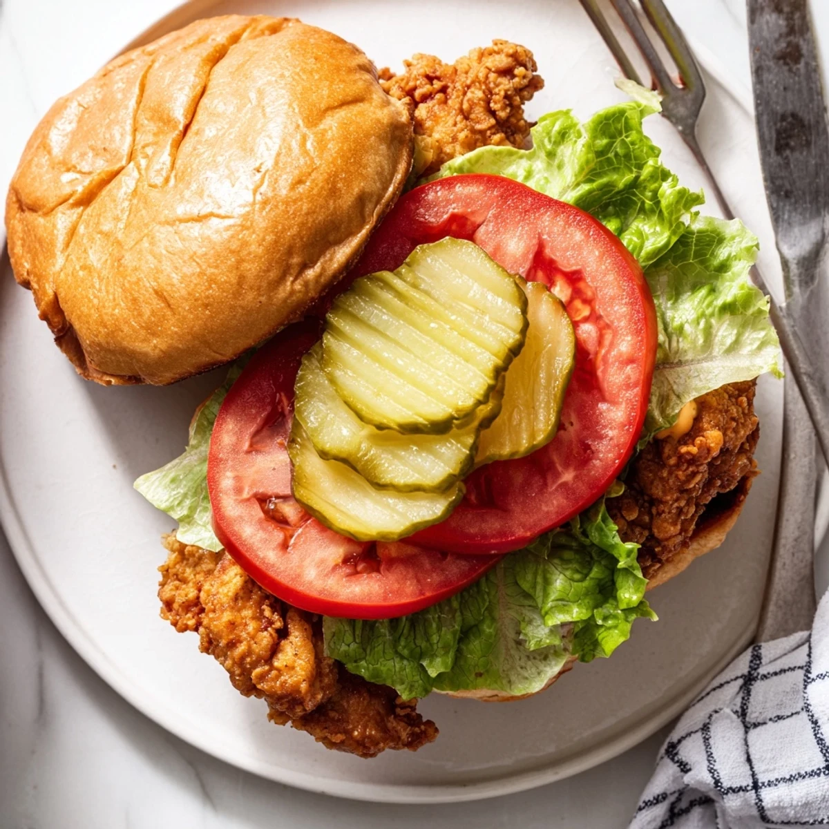 Delicious homemade fried chicken burger featuring thick craggy crust ripe tomato slices and crisp dill pickle chips