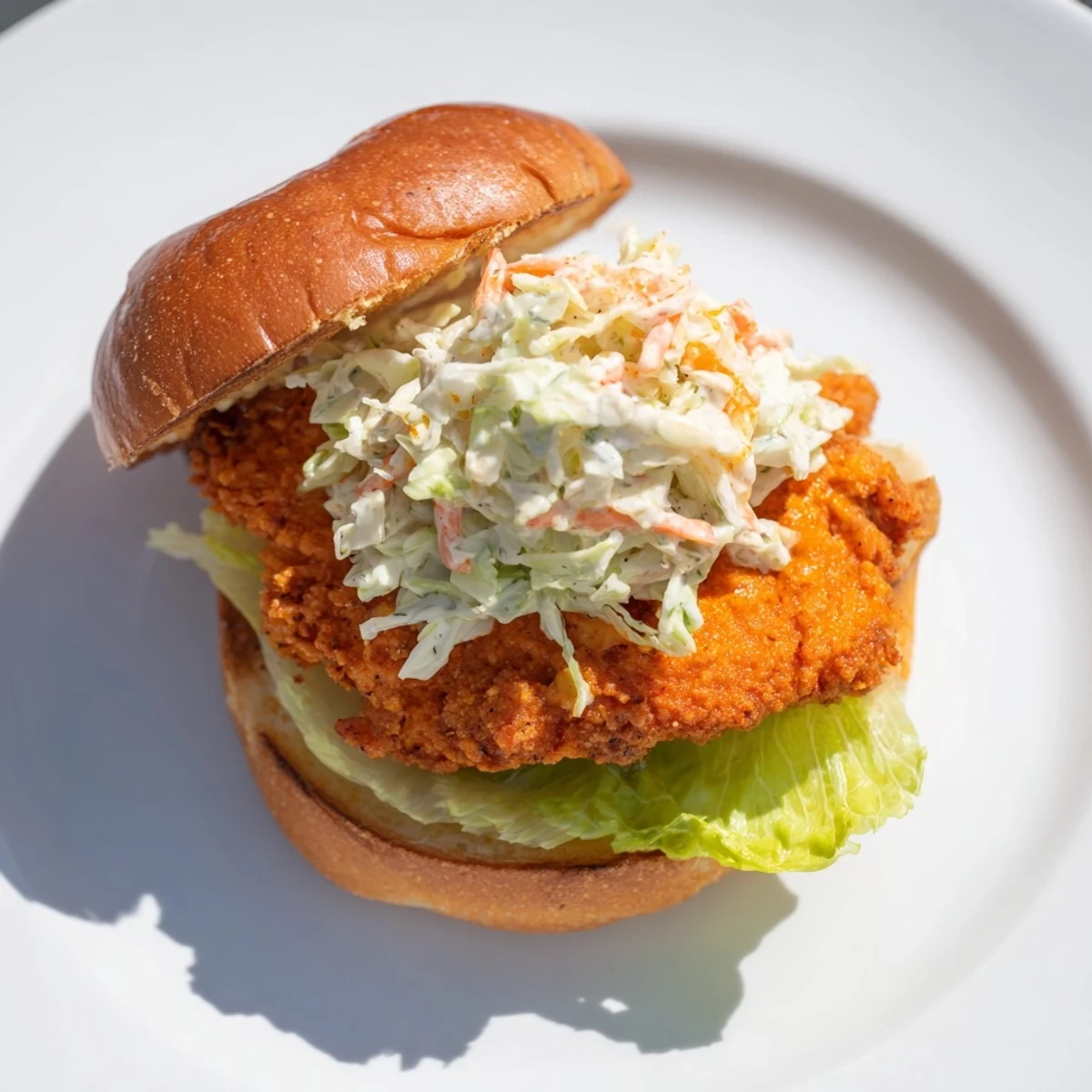 Golden brown crispy buffalo chicken sandwich layered with cool ranch slaw on toasted brioche bun