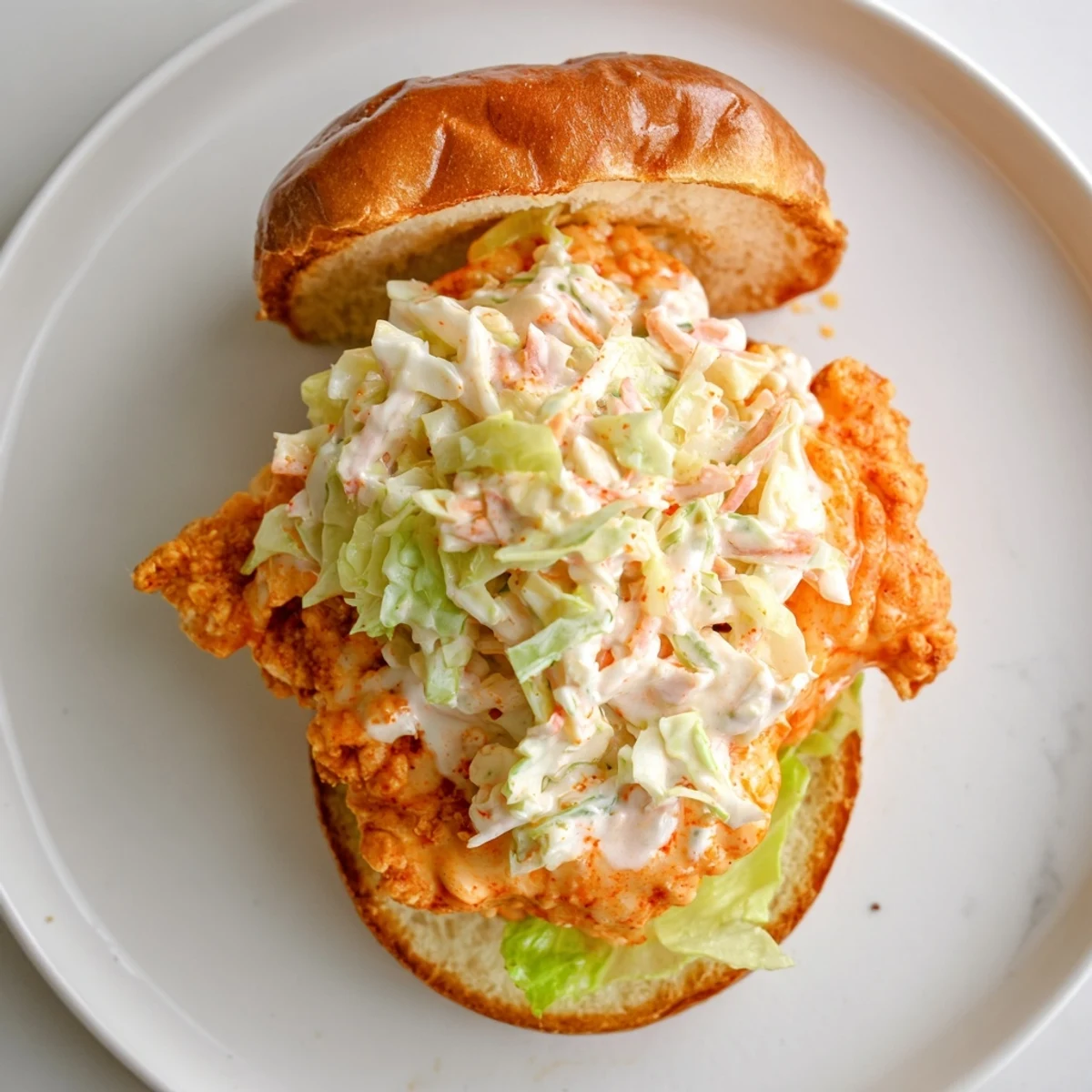 Spicy buffalo fried chicken breast topped with crunchy cabbage slaw nestled in soft bun