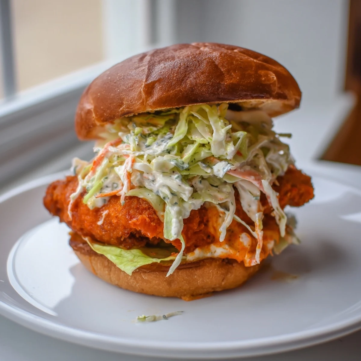 Juicy buffalo chicken fillet with creamy ranch coleslaw served on golden brioche sandwich