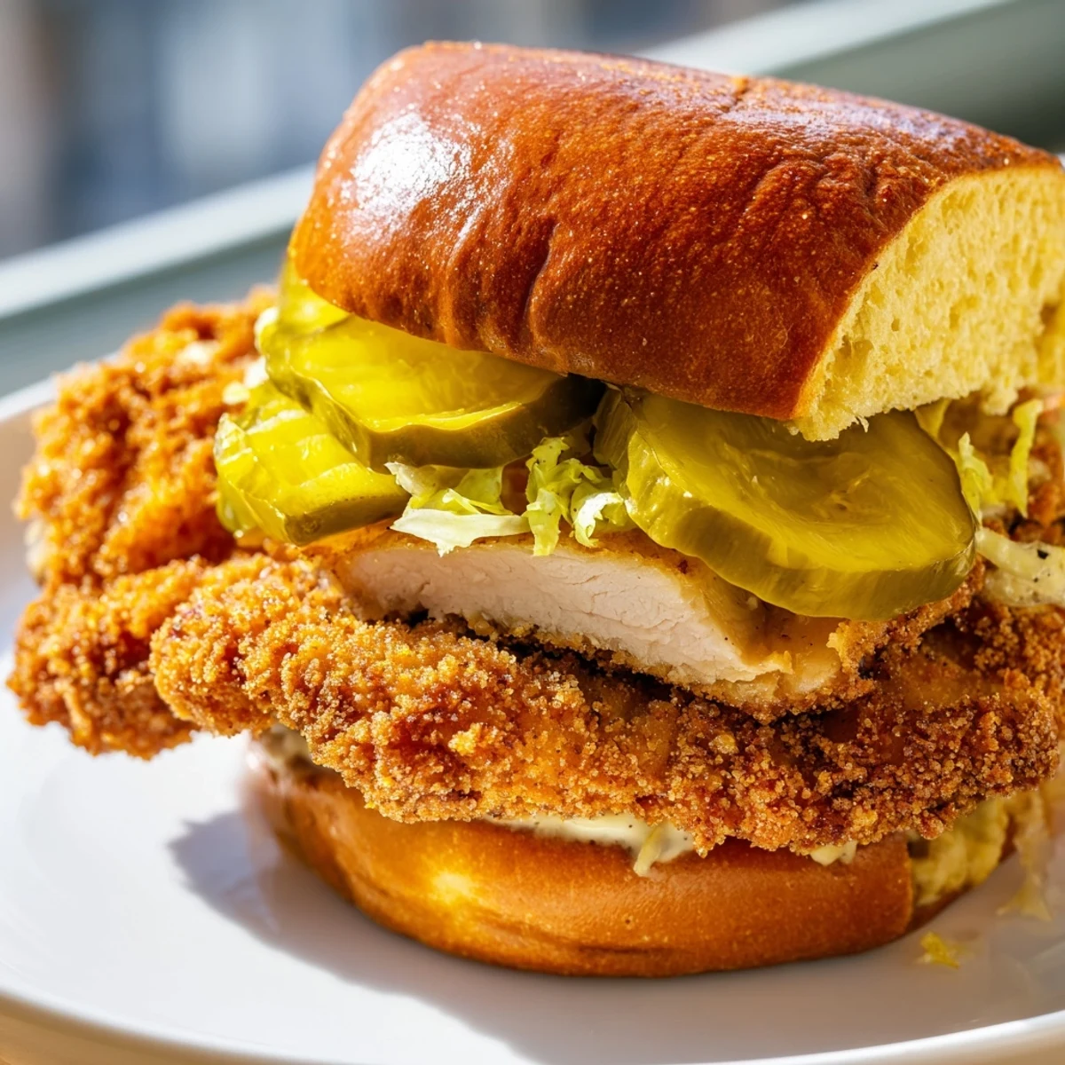 Golden crispy chicken burger stacked with lettuce and pickles on toasted brioche bun