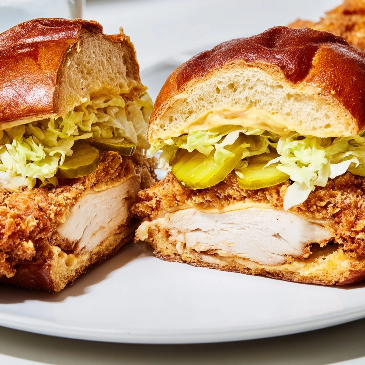 Juicy fried chicken breast burger topped with fresh crisp lettuce and tangy pickles