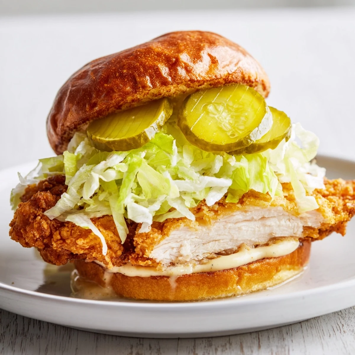 Homemade crispy chicken burger featuring golden crunchy coating on a warm toasted bun