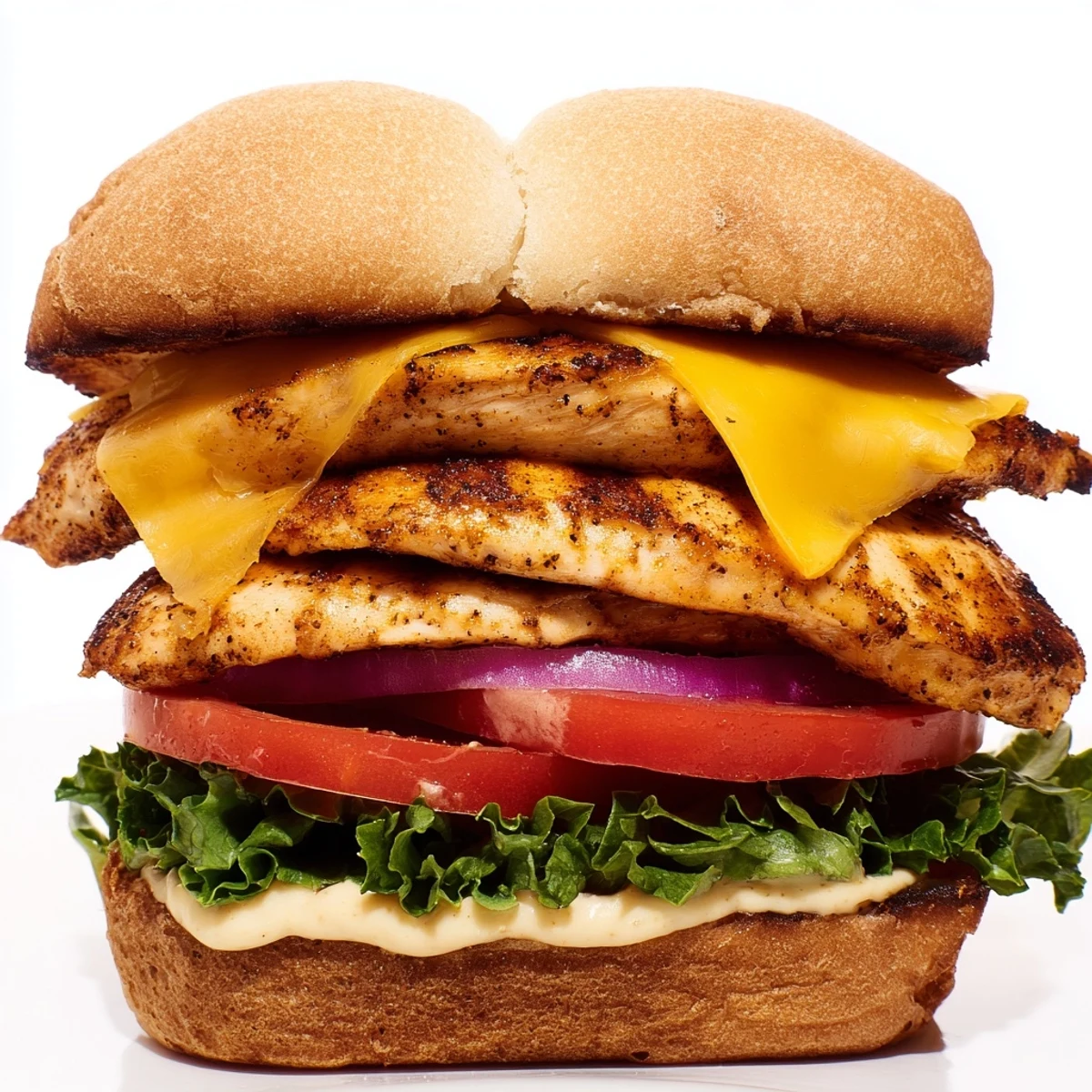 Golden grilled chicken breast sandwich stacked with crisp lettuce tomato and melted cheddar on toasted bun