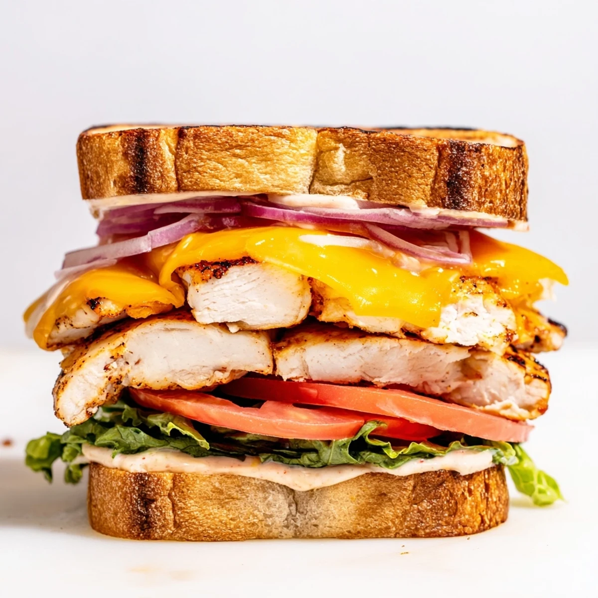 Homemade grilled chicken sandwich featuring charred seasoned chicken breast with red onion and zesty sauce on bakery bun