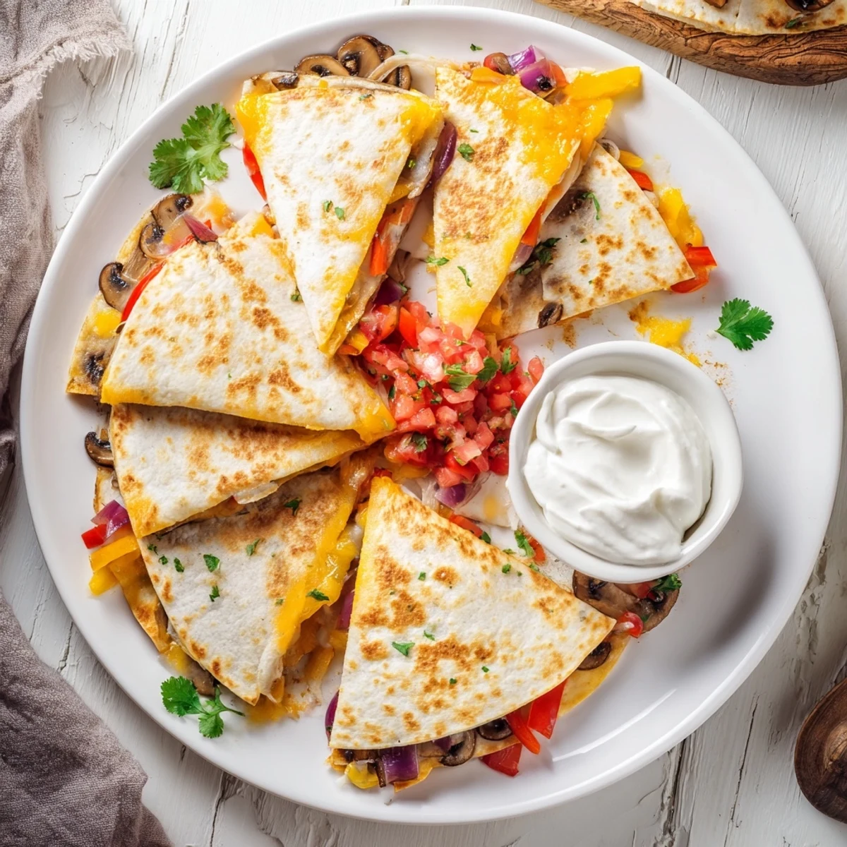 Golden brown quesadillas filled with melted cheddar and Monterey Jack cheese, cut into wedges and served with fresh salsa and guacamole