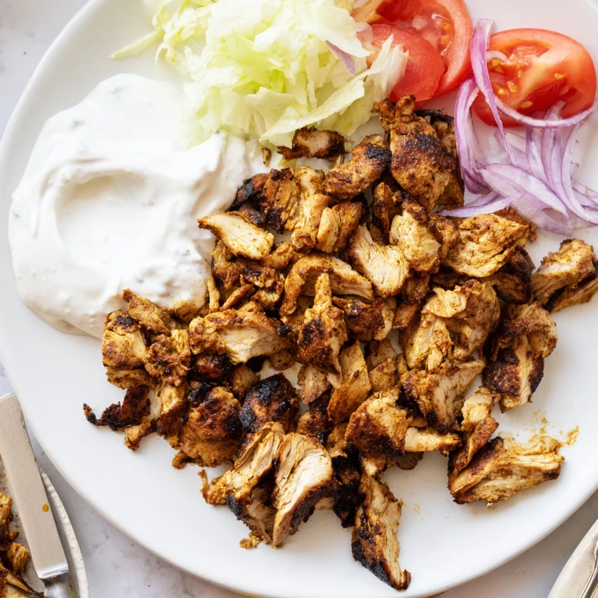 Golden spiced chicken shawarma slices drizzled with creamy garlic sauce in pita bread