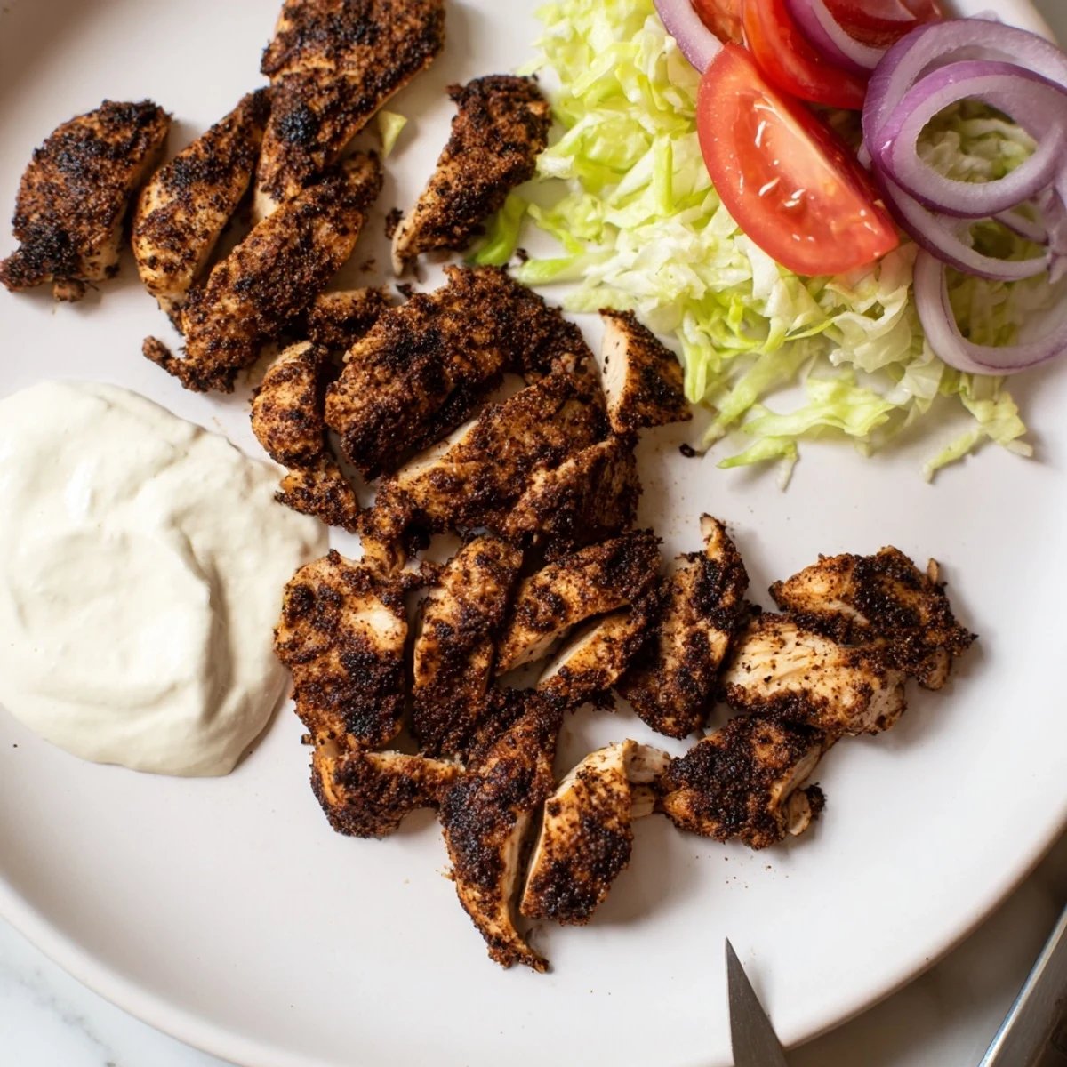 Middle Eastern chicken shawarma wraps loaded with sliced tomatoes, onions, and garlic sauce