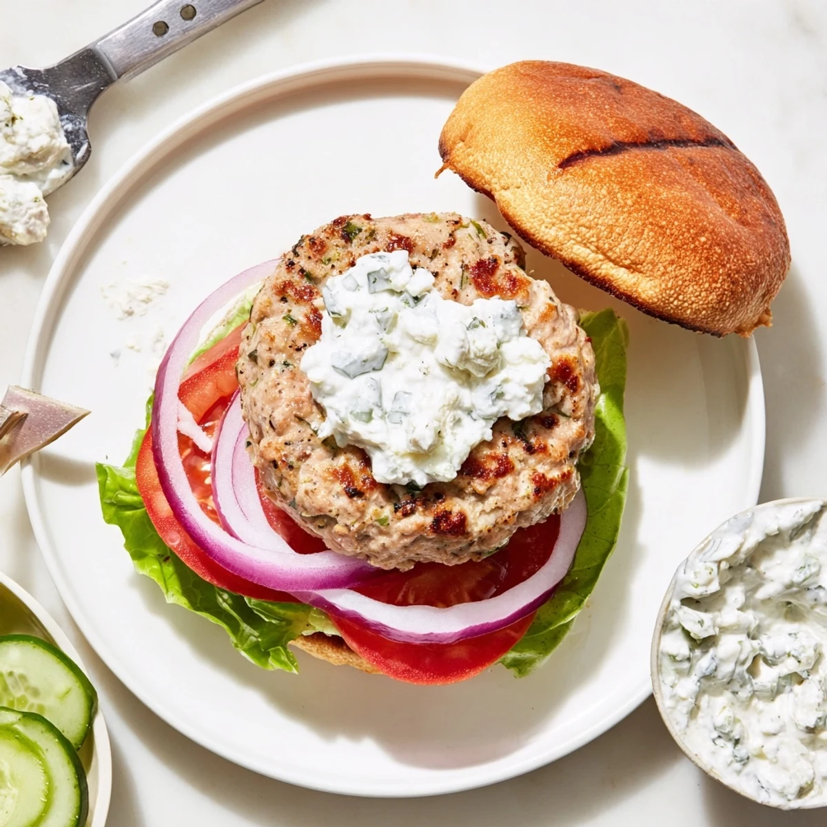 Golden grilled Greek chicken burgers topped with creamy tzatziki sauce and fresh vegetables on toasted buns