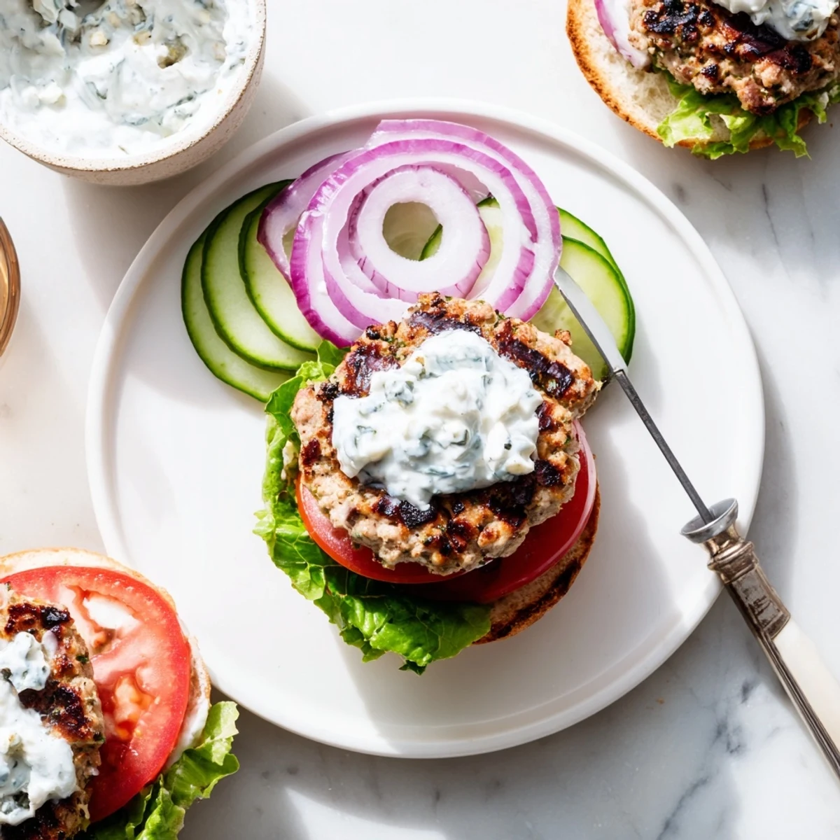 Juicy Mediterranean chicken patties with homemade tzatziki, tomato, lettuce, and red onion stacked on a burger bun