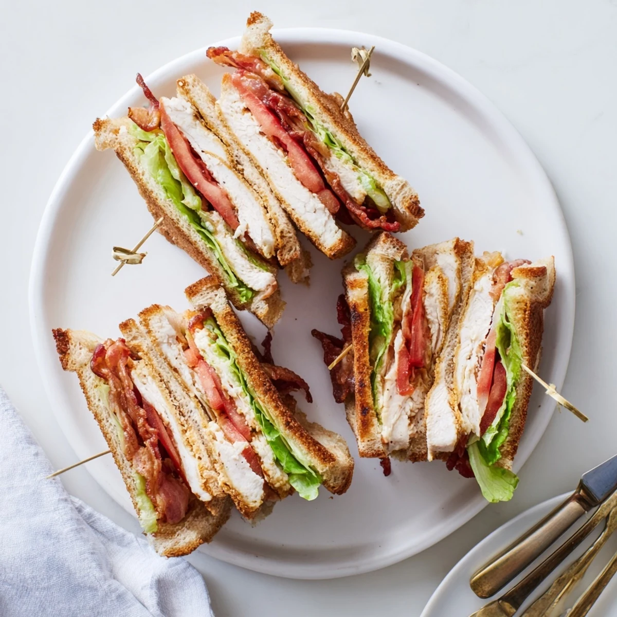 Golden toasted chicken club sandwich stacked with crispy bacon lettuce and juicy tomato slices
