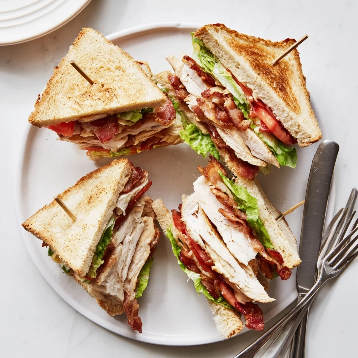 Diagonally sliced chicken club sandwich revealing tender chicken bacon and ripe tomato layers