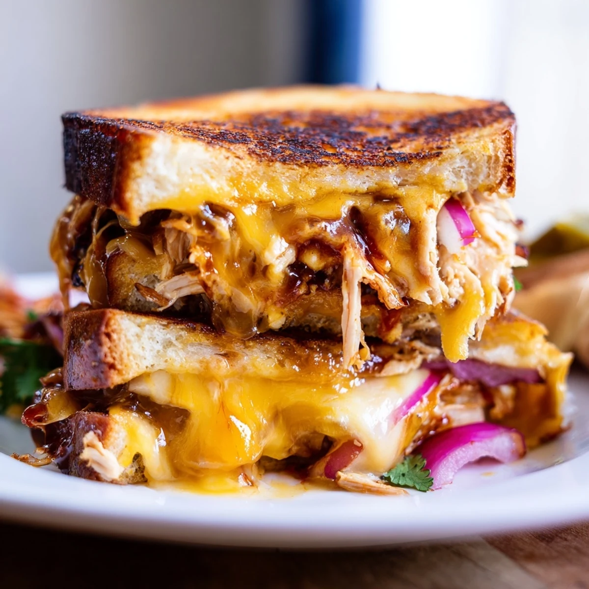 Golden BBQ chicken grilled cheese sandwich with melted cheddar and crispy buttered sourdough bread