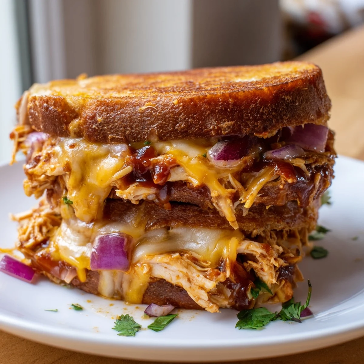 Sliced grilled cheese revealing tender BBQ chicken and gooey mozzarella on golden toast