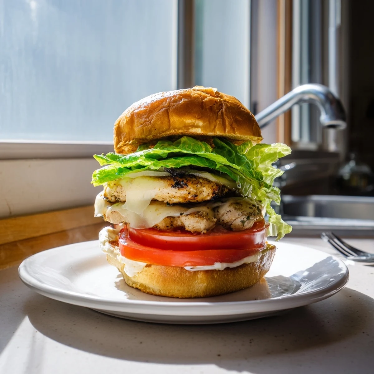 Golden grilled garlic chicken sandwich stacked with crisp lettuce and tomato on toasted bun
