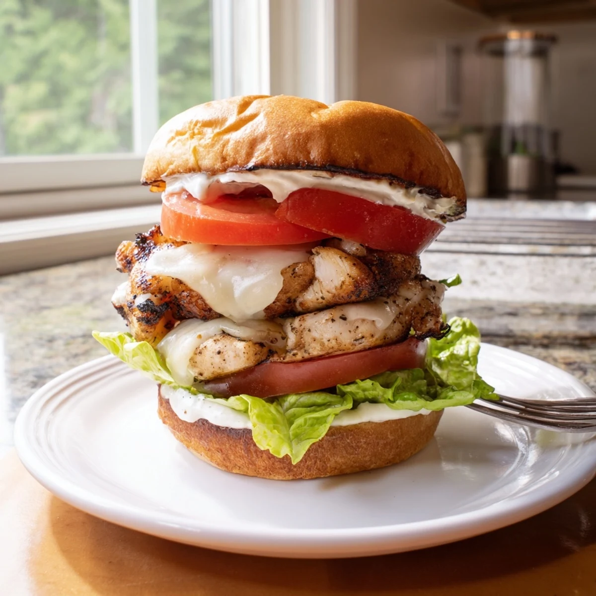 Savory garlic chicken sandwich layered with fresh vegetables and melted cheese on warm bread