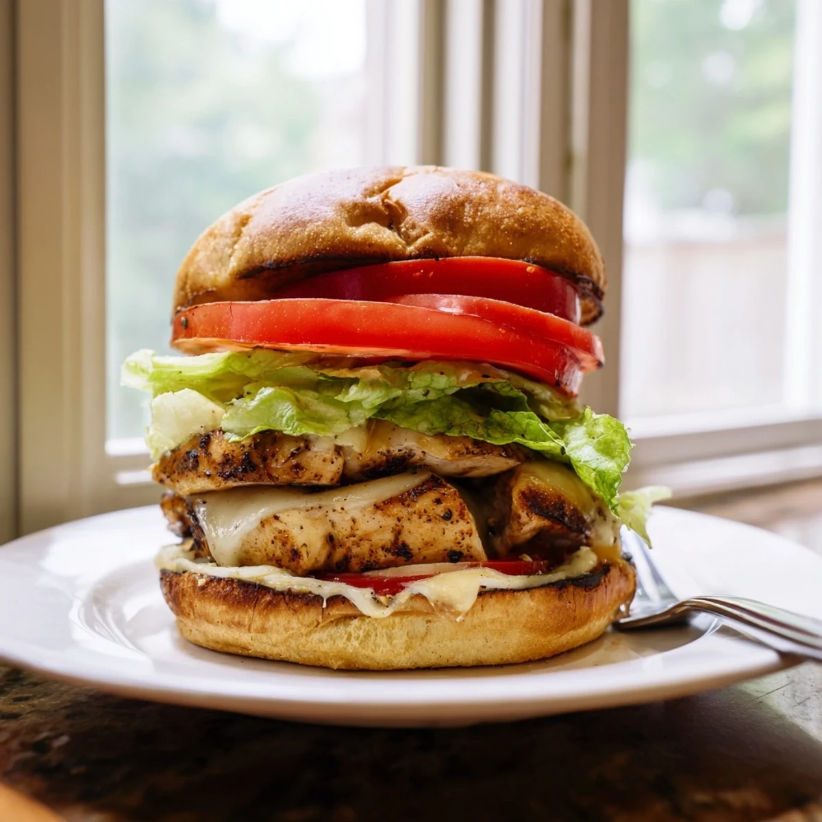 Homemade garlic chicken sandwich featuring juicy seasoned breast with creamy garlic mayo on ciabatta