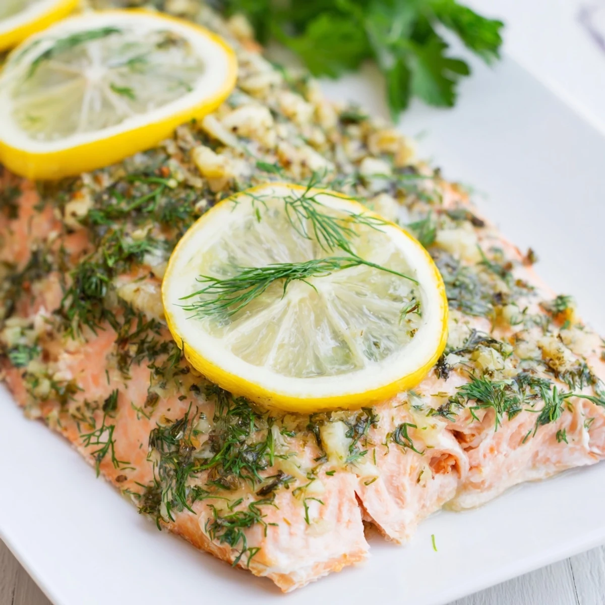 Golden baked salmon fillet topped with fresh herbs and thin lemon slices on a white plate