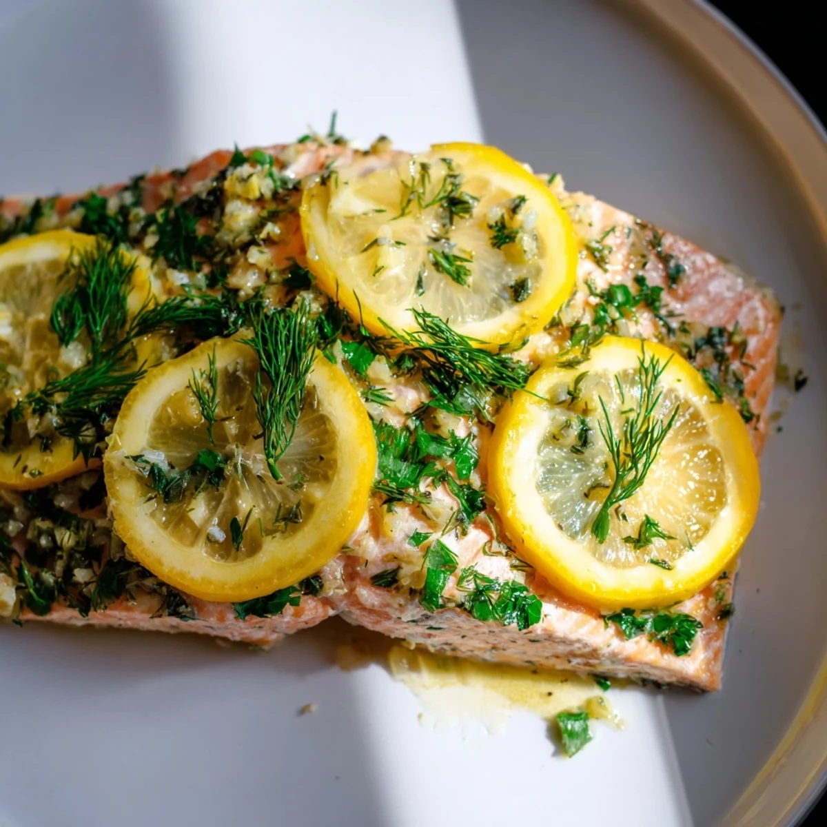 Moist oven baked salmon with garlic dill butter and bright lemon garnish ready for dinner