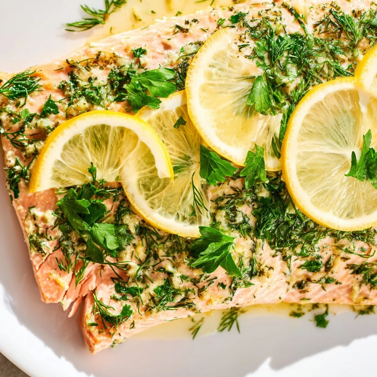 Flaky tender baked salmon with zesty lemon herb crust resting on a parchment lined baking sheet