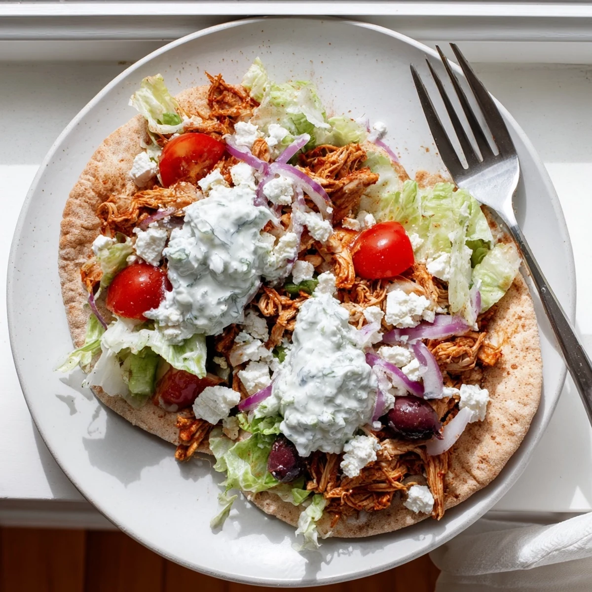 Homemade Crockpot Greek Chicken Pitas topped with creamy tzatziki and fresh vegetables