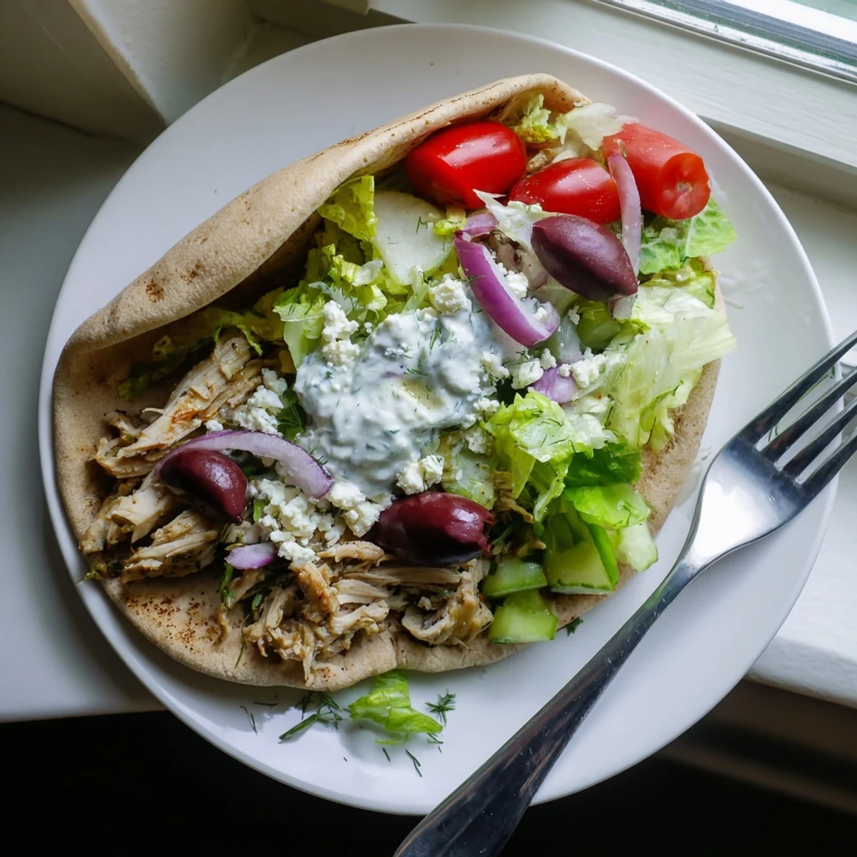 Slow cooker Greek chicken pitas stuffed with tender meat, crisp veggies, and tangy sauce