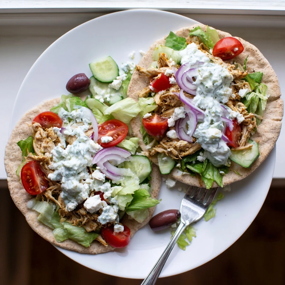 Mediterranean-style Greek chicken pitas overflowing with shredded chicken, feta, and cool tzatziki sauce