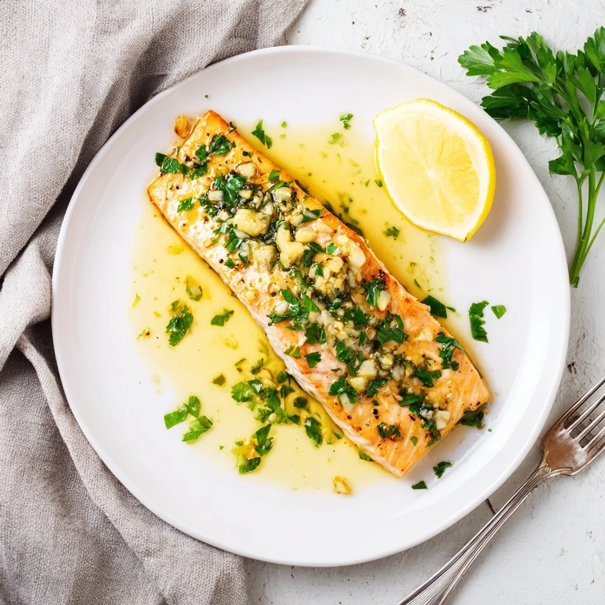 Garlic butter baked salmon served on white plate with lemon wedge garnish